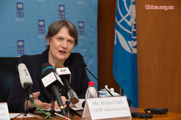 UNDP Administrator Helen Clark meets the press in Beijing on Monday, May 4, on the sideline of her visit to China, which also includes meetings with Premier Li Keqiang and other senior Chinese government officials. [Photo by Chen Boyuan / China.org.cn]