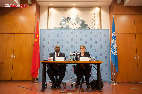 UNDP Administrator Helen Clark (R) speaks at a press conference hosted by U.N. Country Coordinator in China Alain Noudehou (L) on Monday, May 4, on the sideline of her China visit, which also includes meetings with Premier Li Keqiang and other senior Chinese government officials. [Photo by Chen Boyuan / China.org.cn]