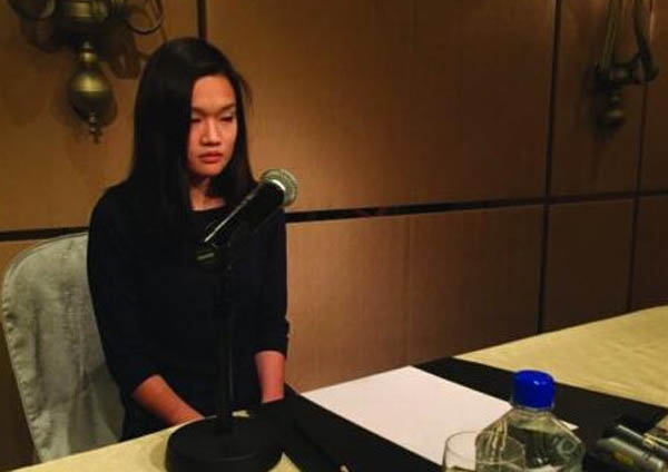 Ms Queenie Rosita Law, the granddaughter of Bossini clothing chain founder Law Ting Pong, appears at a press conference held at the Four Seasons Hotel in Hong Kong on April 30, 2015. [Photo: inews.qq.com]