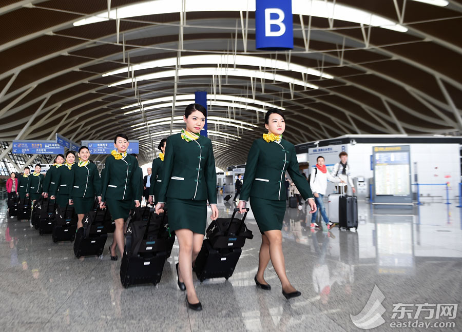 Twenty-four flight attendants from Taiwan prepare to board Shanghai's budget carrier Spring Airlines on May 7, 2015. [Photo: eastday.com]