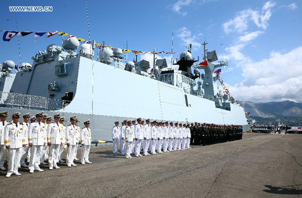 Photo taken on May 11, 2015 shows the launching ceremony of the 'Joint Sea-2015' in the southern Russian port city of Novorossiysk. Chinese and Russian naval forces on Monday launched joint military exercises 'Joint Sea-2015' in the southern Russian port city of Novorossiysk. [Photo/Xinhua]