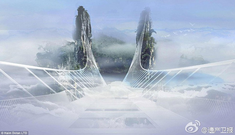 Following the world's longest cantilever bridge in Chongqing, another record-breaking glass bridge will open in Zhangjiajie, Hunan Province in July. The structure, which is 430 meters long, six meters wide and 300 meters above the valley floor, can carry 800 people. [Weibo.com]