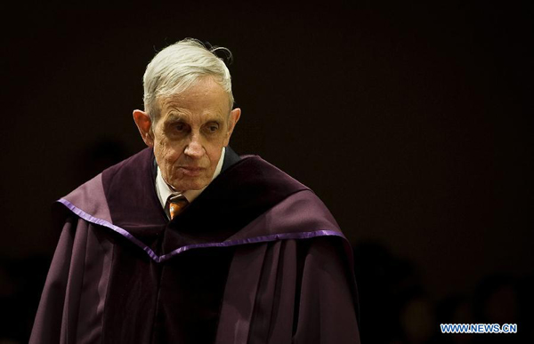 The file photo taken on Nov. 8, 2011 shows the Nobel Prize laureate John Nash attending an honorary doctoral degree conferring ceremony at the City University of Hong Kong, south China. Renowned Princeton Mathematician John Nash, a Nobel Prize laureate whose life story inspired the movie &apos;A Beautiful Mind&apos;, was killed in a car accident together with his wife in New Jersey, U.S. media reported Sunday. [Photo/Xinhua]