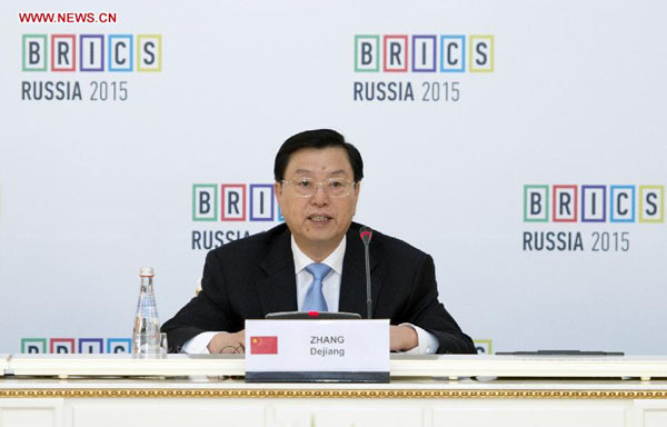 Zhang Dejiang, chairman of the Standing Committee of the National People's Congress (NPC) of China, speaks at the BRICS parliamentary forum in Moscow, Russia, June 8, 2015. [Photo/Xinhua]
