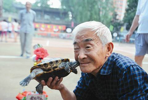 Lu Yaobin walks his turtle. 