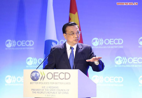 Chinese Premier Li Keqiang delivers a speech at the headquarters of the Organization for Economic Cooperation and Development (OECD) in Paris, France, July 1, 2015. [Photo/Xinhua]