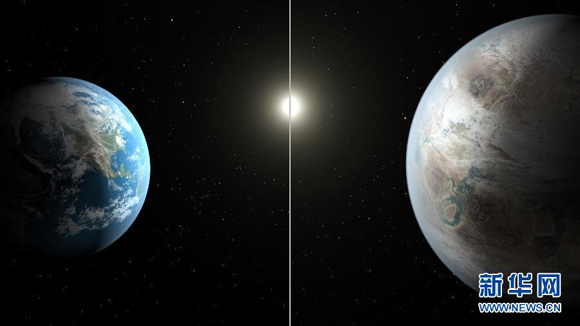 The artistic concept compares Earth (left) to the new planet Kepler-452b. Scientists using planet- hunting Kepler space telescope have discovered a new catalog of exoplanet candidates and confirmed the first near-Earth-size planet in the 'habitable zone' around a sun-like star Kepler- 452b, NASA announced during a press conference Thursday. [Photo/Xinhua] 