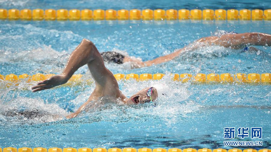 8月2日，孙杨在比赛中。当日，在俄罗斯喀山市举行的第16届游泳世锦赛男子400米自由泳决赛中，中国选手孙杨以3分42秒58的成绩获得冠军。[新华社]