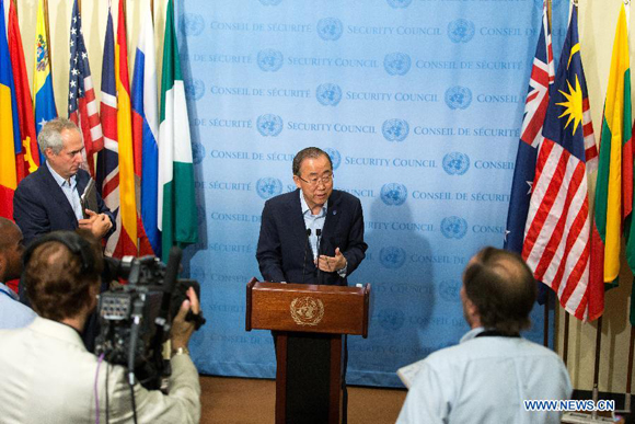 United Nations Secretary-General Ban Ki-moon (C) speaks to the journalists at the UN headquarters in New York, Aug. 12, 2015. The head of UN peacekeeping mission in Central African Republic (CAR) has resigned after latest allegations of abuse by peacekeepers, said Ban Ki-moon on Wednesday. [Photo/Xinhua]