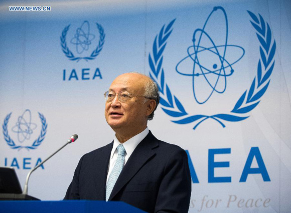 Yukiya Amano, head of the International Atomic Energy Agency (IAEA) assists at a press conference at the headquarters of the IAEA, in Vienna, Austria, Aug. 25, 2015. [Photo/Xinhua]