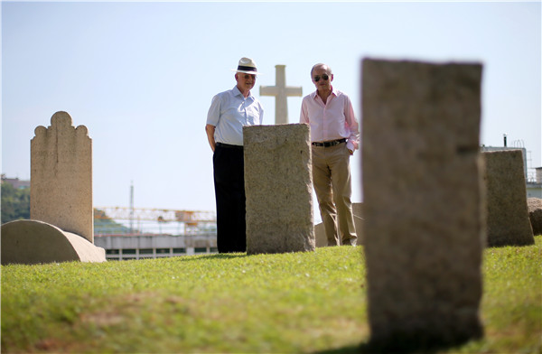 George Cautherley (left) and Dennis Clarke, the only two people born in the Stanley Internment Camp now living in Hong Kong, revisiting the site of the camp earlier this month. Edmond Tang / China Daily