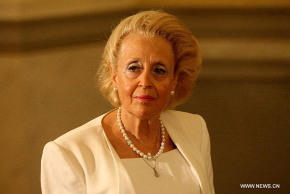Vassiliki Thanou takes an oath during a swearing in ceremony at the Presidential Palace in Athens, Greece on Aug. 27, 2015. [Photo/Xinhua]