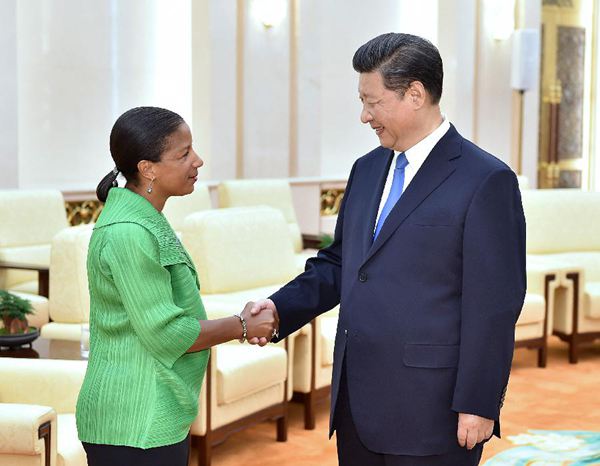 Chinese President Xi Jinping (R) meets with U.S. National Security Advisor Susan Rice in Beijing, capital of China, Aug. 28, 2015. (Xinhua/Li Tao)