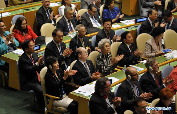 Members of Chinese delegation attend the opening of the Fourth World Conference of Speakers of Parliament at the United Nations headquarters in New York, the United States, on Aug. 31, 2015. [Photo/Xinhua]