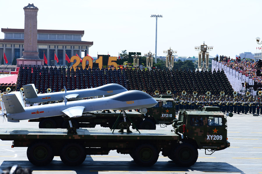 Unmanned aerial vehicles are displayed in a military parade in Beijing, capital of China, Sept. 3, 2015. China on Thursday held commemoration activities, including a grand military parade, to mark the 70th anniversary of the victory of the Chinese People's War of Resistance against Japanese Aggression and the World Anti-Fascist War.