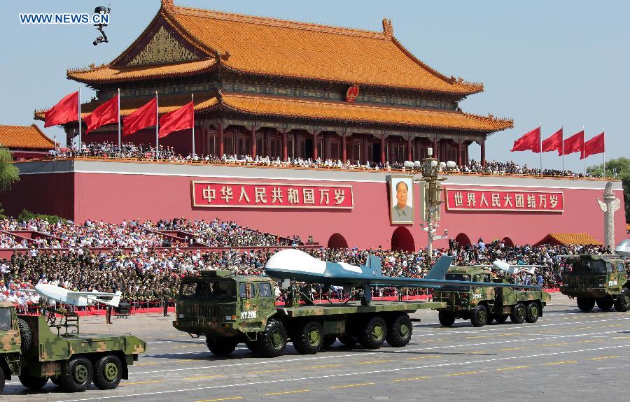 Unmanned aerial vehicles attend the military parade in Beijing, capital of China, Sept. 3, 2015. China on Thursday held commemoration activities, including a grand military parade, to mark the 70th anniversary of the victory of the Chinese People's War of Resistance against Japanese Aggression and the World Anti-Fascist War.