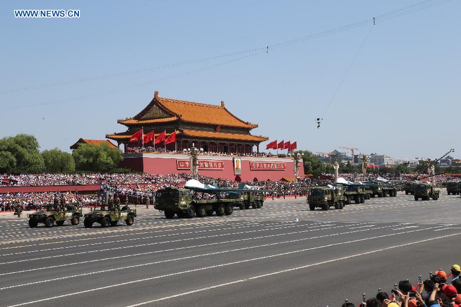 Unmanned aerial vehicles attend the military parade in Beijing, capital of China, Sept. 3, 2015. China on Thursday held commemoration activities, including a grand military parade, to mark the 70th anniversary of the victory of the Chinese People's War of Resistance against Japanese Aggression and the World Anti-Fascist War.