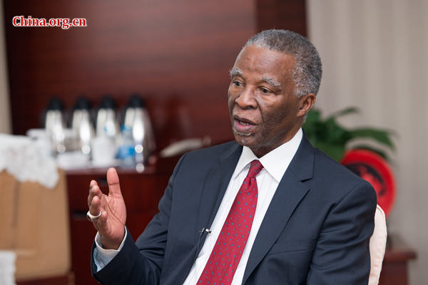 Former South African President Thabo Mbeki takes questions from Chinese media on Wednesday in Beijing. [Photo/ China.org.cn by Chen Boyuan]