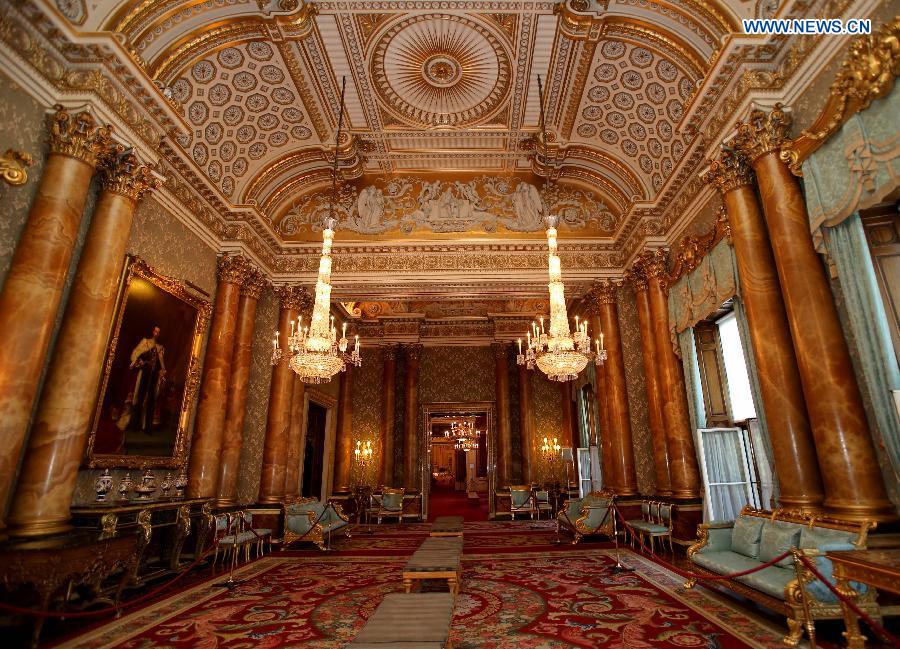 Photo taken on Sept. 7, 2015 shows the Blue Drawing Room of the Buckingham Palace in London, capital of Britain. The Buckingham Palace has served as the official London residence of Britain's sovereigns since 1837 and today is the administrative headquarters of the Monarch. [Xinhua]