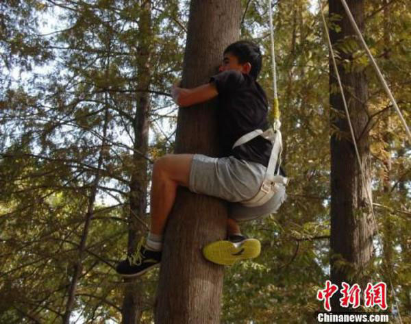 A participant climbs on a tree during the selection. [Photo/chinanews.com]