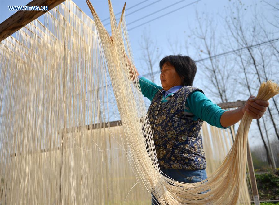 Villager Ni Xinglan collects dried vermicelli at home in Linze Village, Huaian City of east China's Jiangsu Province, Nov. 12, 2015. Linze Village, long famous for its handmade vermicelli, has passed on the traditional handicraft for about one hundred years. [Xinhua]