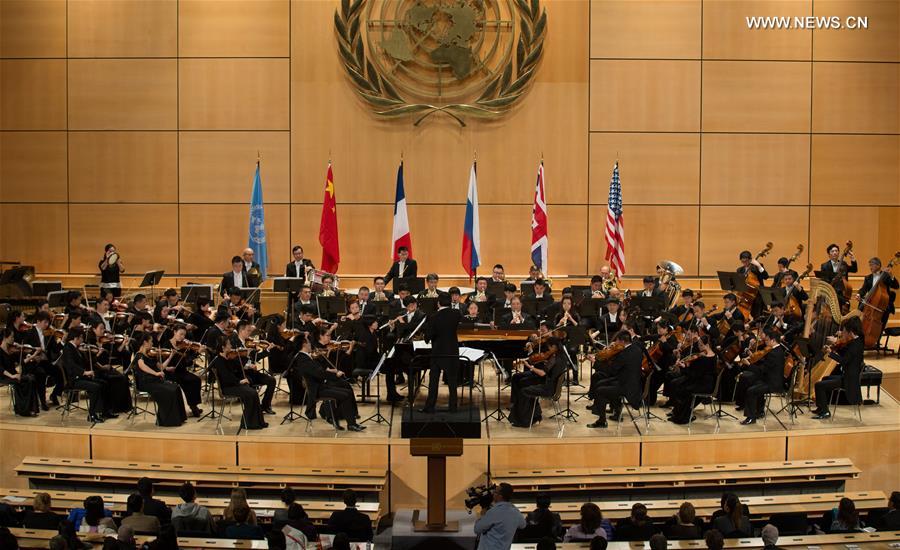 Musicians from the National Ballet of China Symphony Orchestra present featured classical music pieces from each of the permanent members of the UN Security Council in Palais des Nations in Geneva, Switzerland, Nov. 12, 2015. A joint concert on behalf of the five permanent members of the UN Security Council was held Thursday in Geneva to celebrate the 70th anniversary of the United Nations. [Xinhua]