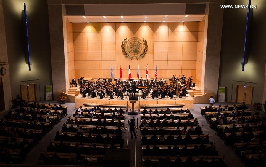 Musicians from the National Ballet of China Symphony Orchestra present featured classical music pieces from each of the permanent members of the UN Security Council in Palais des Nations in Geneva, Switzerland, Nov. 12, 2015. A joint concert on behalf of the five permanent members of the UN Security Council was held Thursday in Geneva to celebrate the 70th anniversary of the United Nations. [Xinhua]