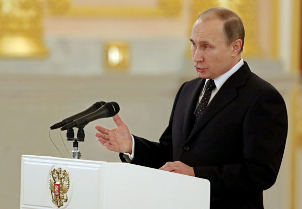 Russia's President Vladimir Putin delivers a speech during a ceremony to receive diplomatic credentials from foreign ambassadors at the Kremlin in Moscow, Russia, November 26, 2015.[Photo/Agencies]
