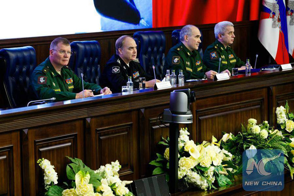 Russian Military officiers briefed the media on anti-terror progress in Moscow, Russia, Dec. 2, 2015. [Photo/Xinhua]