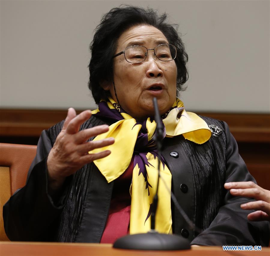 The 2015 Nobel Prize laureate for Physiology or Medicine Tu Youyou attends a press conference at Karolinska Institute in Stockholm, capital of Sweden, Dec. 6, 2015.[Photo/Xinhua]