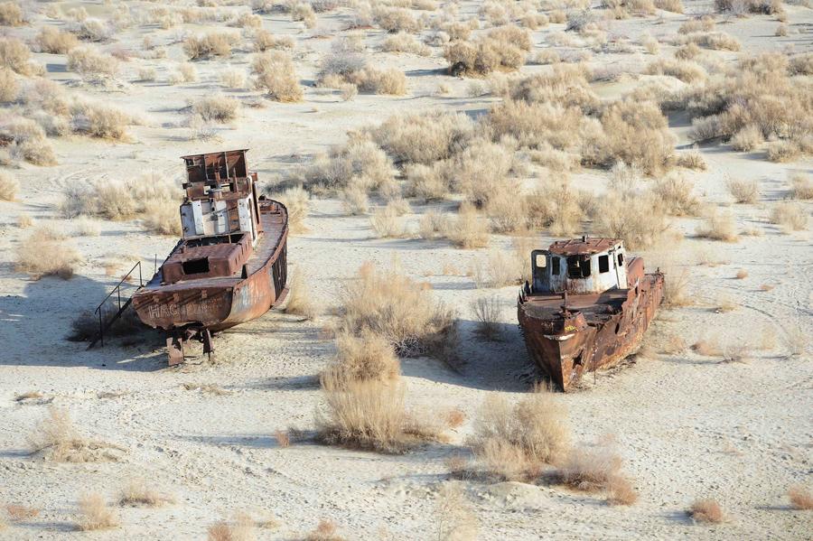 Abandoned ships at Moynak in the Aral Sea. [Photo/Xinhua]
