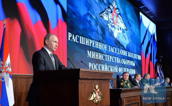 Russian President Vladimir Putin speaks at the annual expanded meeting of Russia's Defense Ministry in Moscow, Russia, on Dec. 11, 2015. [Photo/Xinhua]