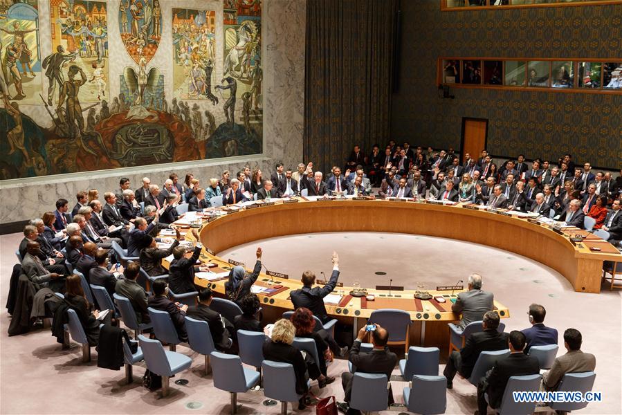 Photo taken on Dec. 18, 2015 shows a meeting of United Nations Security Council at the UN headquarters in New York. The UN Security Council on Friday adopted a resolution endorsing an international roadmap for a Syrian-led political transition in order to end the country&apos;s conflict, which calls for Syria peace talks to begin in early January.