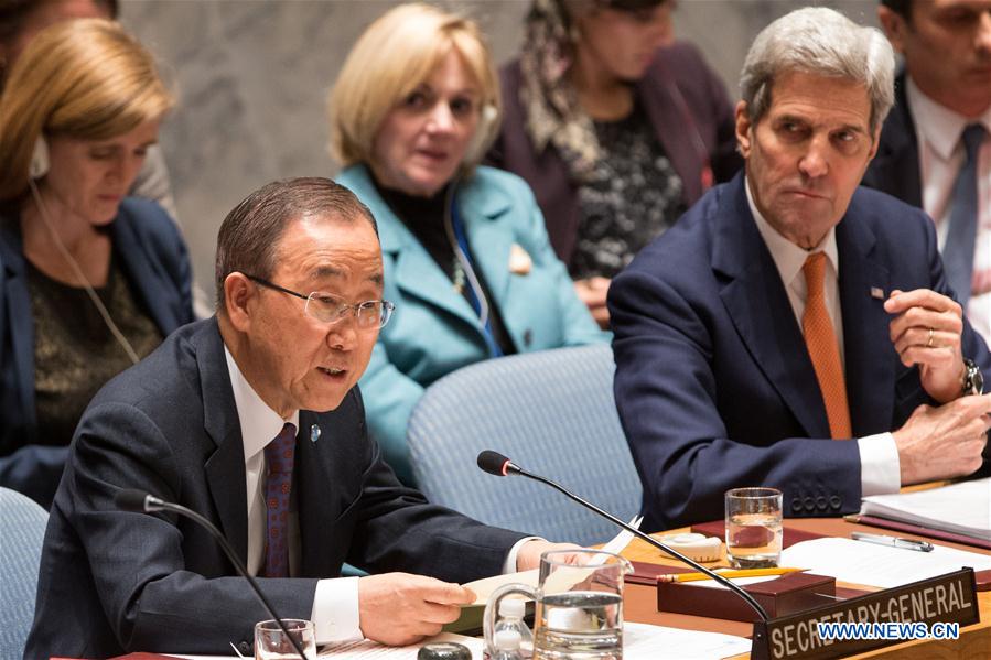 United Nations Secretary-General Ban Ki-moon (L, front) speaks during a Security Council meeting on Syria at the UN headquarters in New York, Dec. 18, 2015. The UN Security Council on Friday adopted a resolution endorsing an international roadmap for a Syrian-led political transition in order to end the country&apos;s conflict, which calls for Syria peace talks to begin in early January.