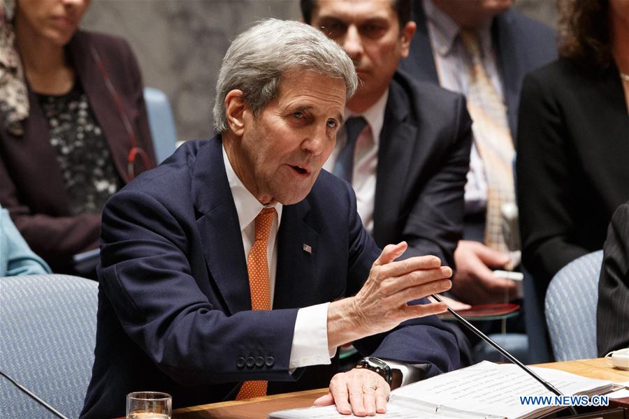 U.S. Secretary of State John Kerry speaks during a United Nations Security Council meeting on Syria at the UN headquarters in New York, Dec. 18, 2015. The UN Security Council on Friday adopted a resolution endorsing an international roadmap for a Syrian-led political transition in order to end the country&apos;s conflict, which calls for Syria peace talks to begin in early January.