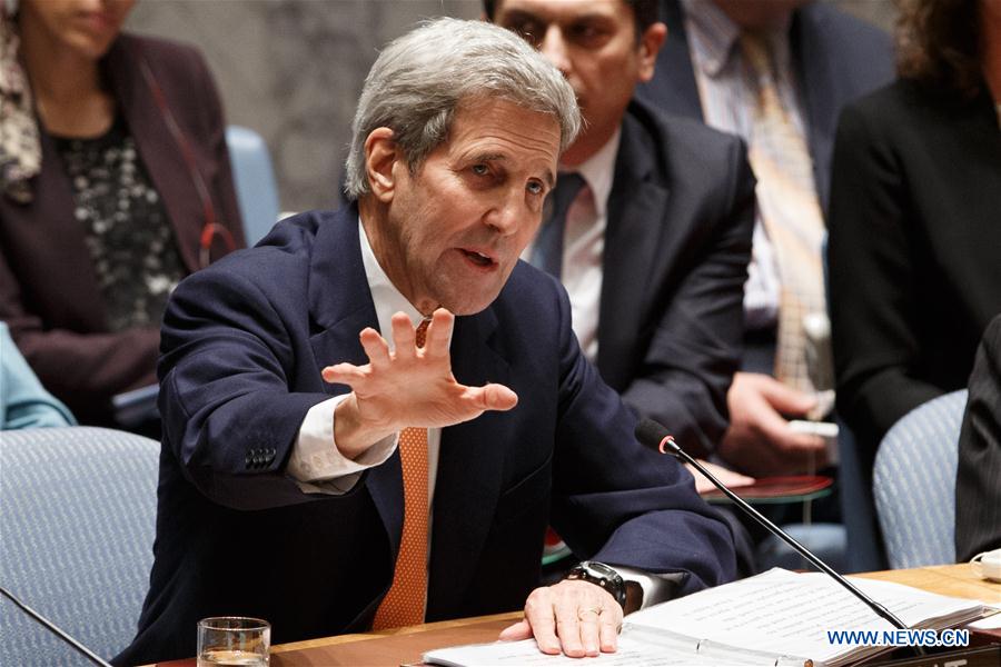 U.S. Secretary of State John Kerry speaks during a United Nations Security Council meeting on Syria at the UN headquarters in New York, Dec. 18, 2015. The UN Security Council on Friday adopted a resolution endorsing an international roadmap for a Syrian-led political transition in order to end the country&apos;s conflict, which calls for Syria peace talks to begin in early January. 