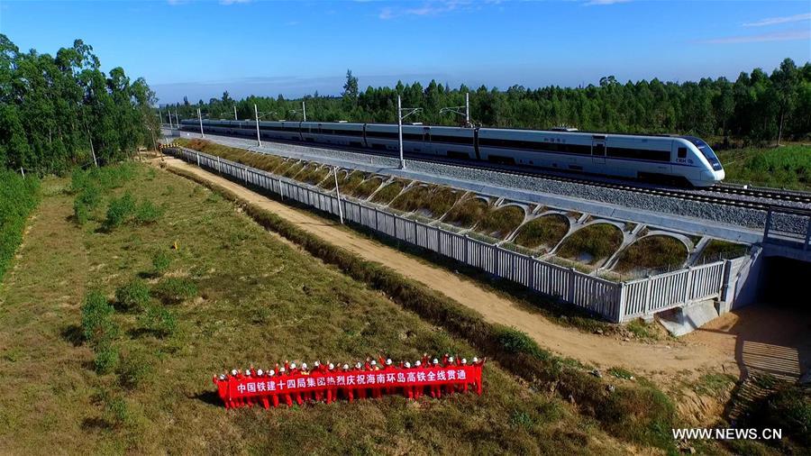 A test train runs on the Western Ring Railway in south China's island province Hainan, Dec. 29, 2015.[Photo/Xinhua] 