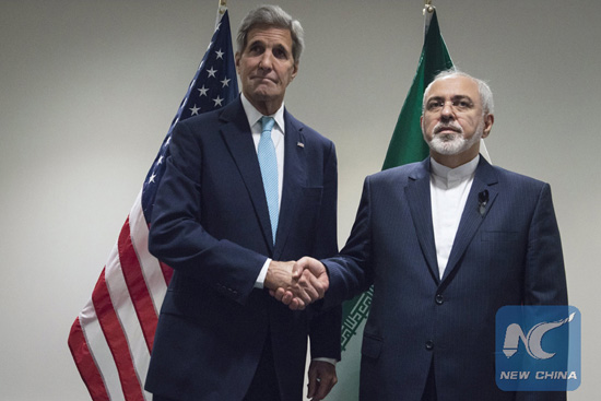United States Secretary of State John Kerry (L) meets with Mohammad Javad Zarif, Minister of Foreign Affairs of Iran, at the United Nations in New York, September 26, 2015. [Photo/Xinhua]