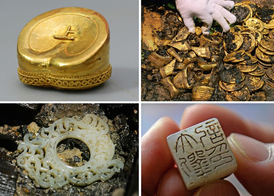 The photos show gold items, a jade pendant, and a turtle-shaped jade seal unearthed from the Haihunhou cemetery dating back to the Western Han Dynasty (206 BC-AD 24) in Nanchang, Jiangxi province. [Photo/Xinhua] 