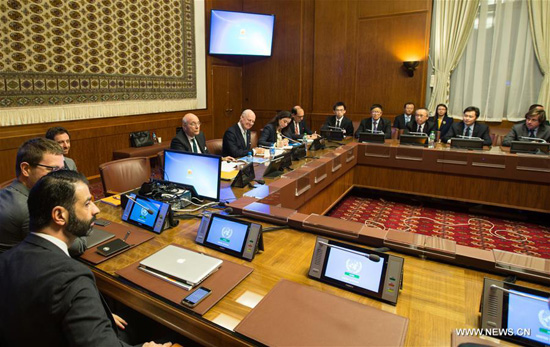 The United Nations Special Envoy for Syria, Staffan de Mistura (5th L) holds a meeting with representatives of Britain, China, France, Russia and United States, the five permanent members of the Security Council of United Nations, in Geneva, Switzerland, Jan. 13, 2016. [Photo/Xinhua]