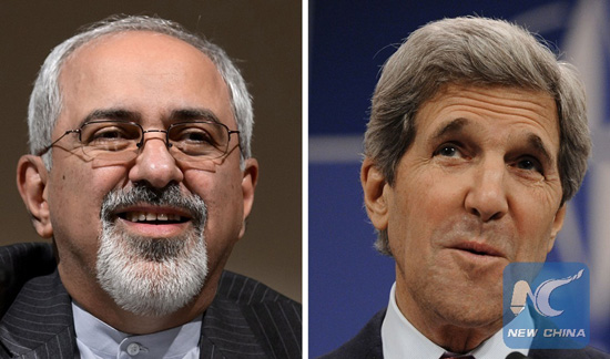 This combination of file photos made in Paris on November 8, 2013 shows two file pictures, one of Iranian Foreign Minister Mohammad Javad Zarif (L) taken on October 16, 2013 in Geneva and one of US Secretary of State John Kerry taken at the NATO Headquarters in Brussels on April 23, 2013. [Photo/Xinhua]