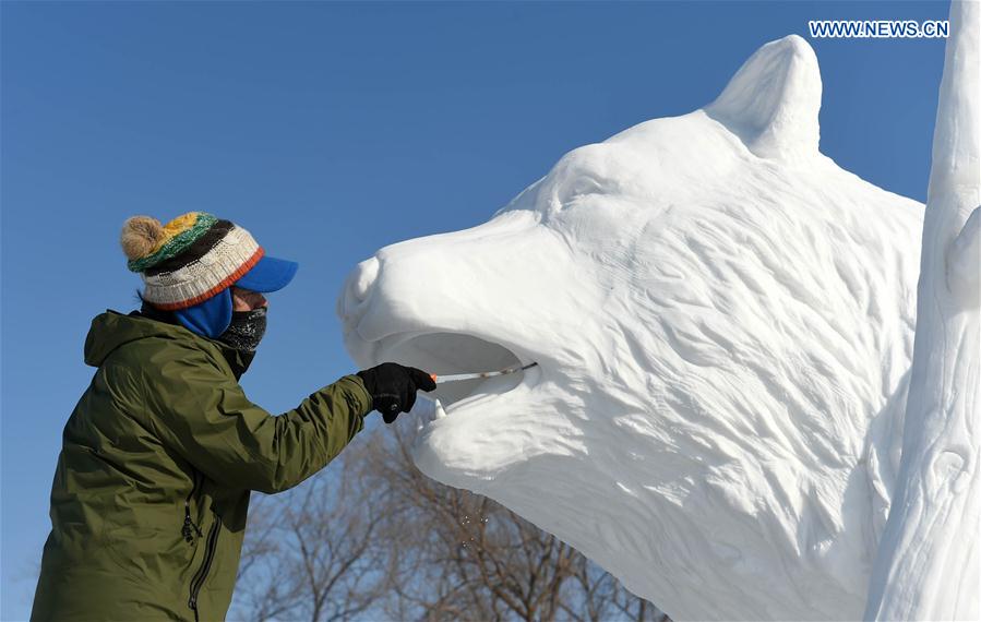 A contestant from South Korea makes a snow sculpture in Harbin, capital of northeast China's Heilongjiang Province, Jan. 13, 2016. The 21st Harbin International Snow Sculpture Contest ended here on Wednesday. [Xinhua]