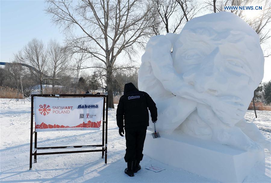 A Polish contestant makes a snow sculpture in Harbin, capital of northeast China's Heilongjiang Province, Jan. 13, 2016. The 21st Harbin International Snow Sculpture Contest ended here on Wednesday. [Xinhua]