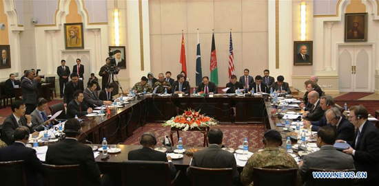 Photo taken on Jan. 18, 2016 shows the scene of a four-nation meeting in Kabul, Afghanistan. The second round of the four-nation talks with the participation of Afghanistan, Pakistan, China and the United States opened on Monday. [Photo/Xinhua]