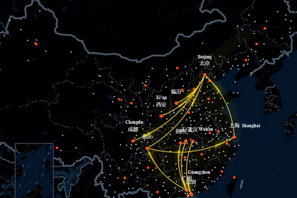 The big data map of migration published by Baidu shows the busiest routs on the first day of the Spring Festival travel rush.