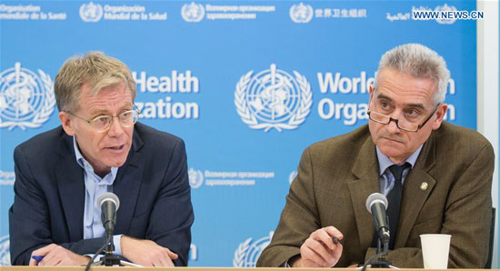 Bruce Aylward (L), Assistant Director-General of World Health Organisation (WHO), and Sylvain Aldighieri, Unit chief for International Health Regulations epidemic alert and response of WHO, hold a joint press conference in Geneva, Switzerland, Jan. 28, 2016. [Photo/Xinhua] 