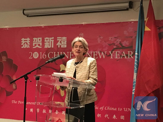 Irina Bokova, Director-General of the United Nations Educational, Scientific and Cultural Organization (UNESCO), addresses a reception to mark the upcoming arrival of the Chinese New Year in Paris on Feb. 1, 2016. [Photo/Xinhua]