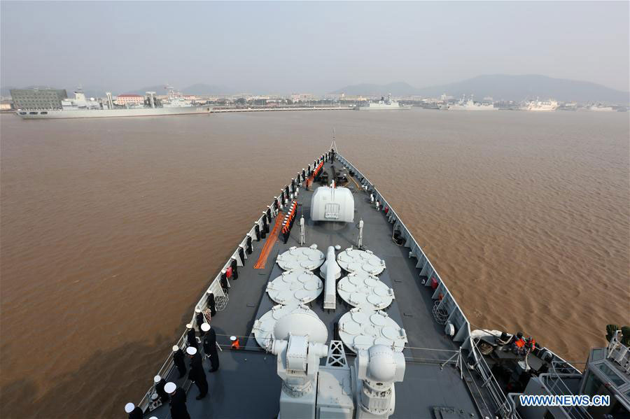 Chinese destroyer Jinan returns to a military port in Zhoushan, east China's Zhejiang Province, Feb. 5, 2016.