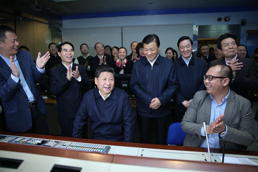 Chinese President Xi Jinping is shown the studio where China Central Television (CCTV) Evening News Bulletin, or &apos;Xinwen Lianbo,&apos; is filmed at the headquarters of CCTV in Beijing, capital of China, on Feb. 19, 2016. Xi on Friday visited the People&apos;s Daily, Xinhua News Agency and CCTV, the nation&apos;s three leading news providers. 