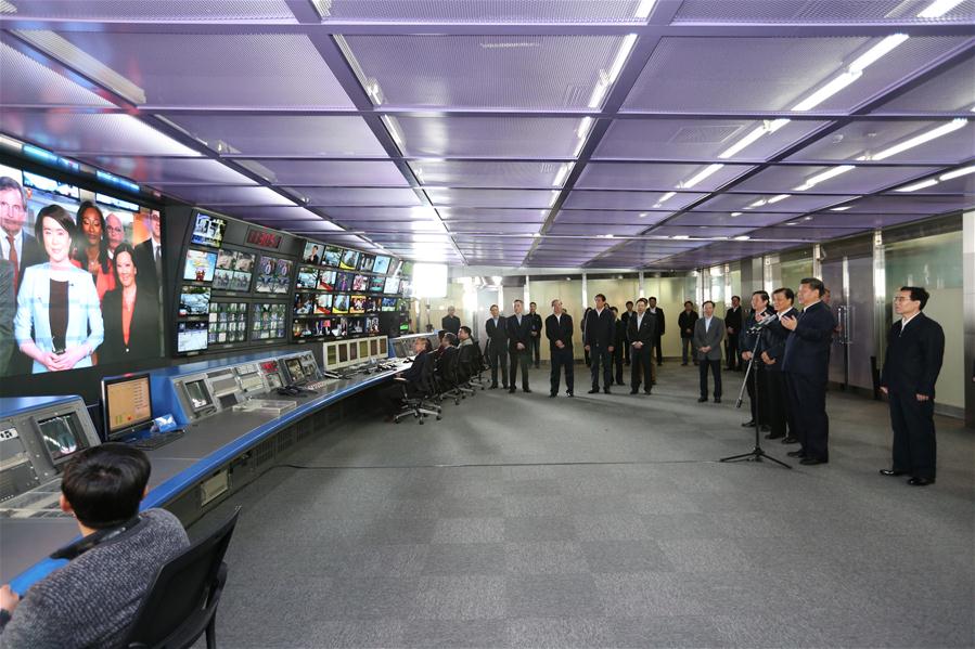 Chinese President Xi Jinping makes a video call to China Central Television&apos;s (CCTV) Washington-based North America branch, at CCTV headquarters in Beijing, capital of China, on Feb. 19, 2016. Xi on Friday visited the People&apos;s Daily, Xinhua News Agency and CCTV, the nation&apos;s three leading news providers. (Xinhua/Ma Zhancheng) 